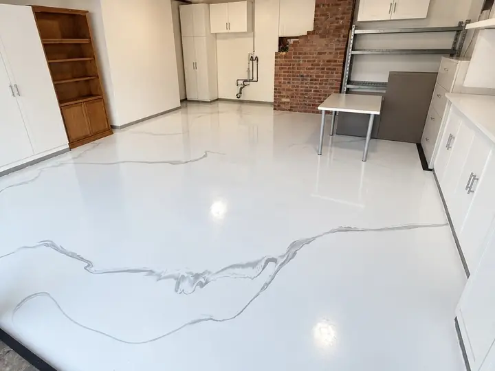 White marble metallic epoxy garage floor finished in San Jose, CA